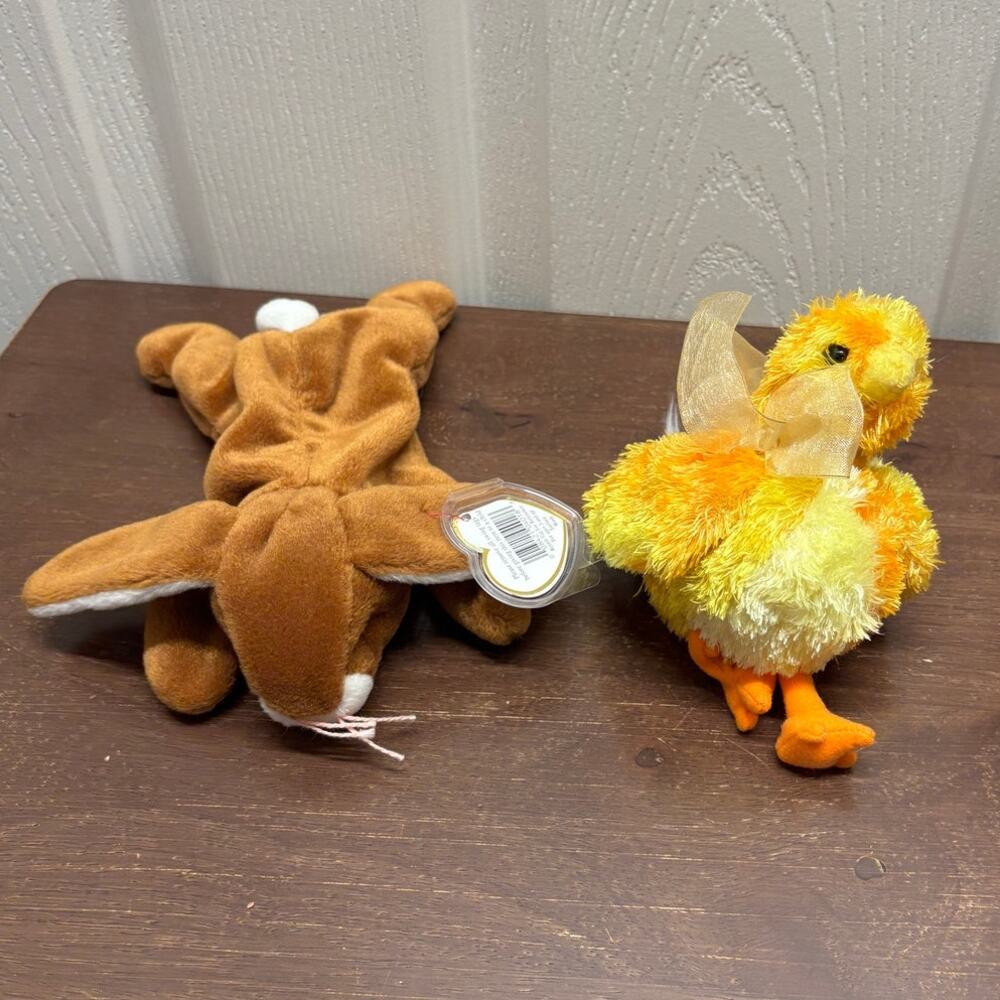 Lot of 2 Ty Beanie Babies Brown Bunny Yellow Chick Stuffed Animal Plush NWT